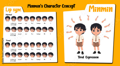 Tired boy cartoon. Tired school boy cartoon character. Tired boy face lip sync set and hand gesture. Tired boy vector, illustration, clipart.