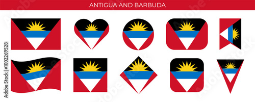 Antigua an Barbuda flag set. National flag in various shapes. Vector illustration isolated on white background