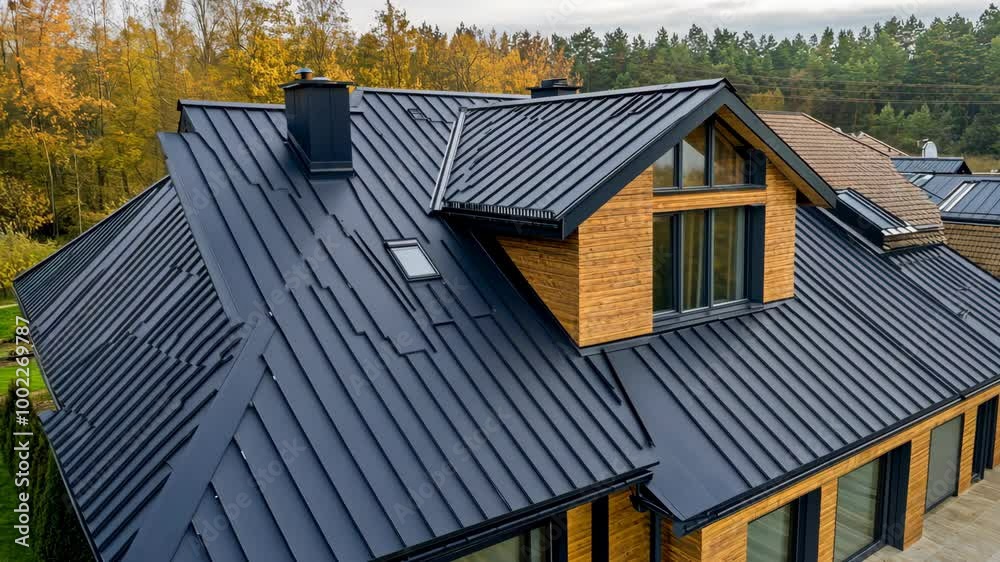 A modern house with a dark blue metal roof stands against a backdrop of trees in the fall