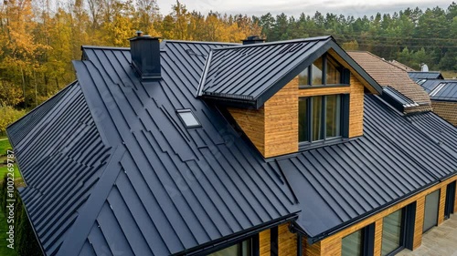 A modern house with a dark blue metal roof stands against a backdrop of trees in the fall