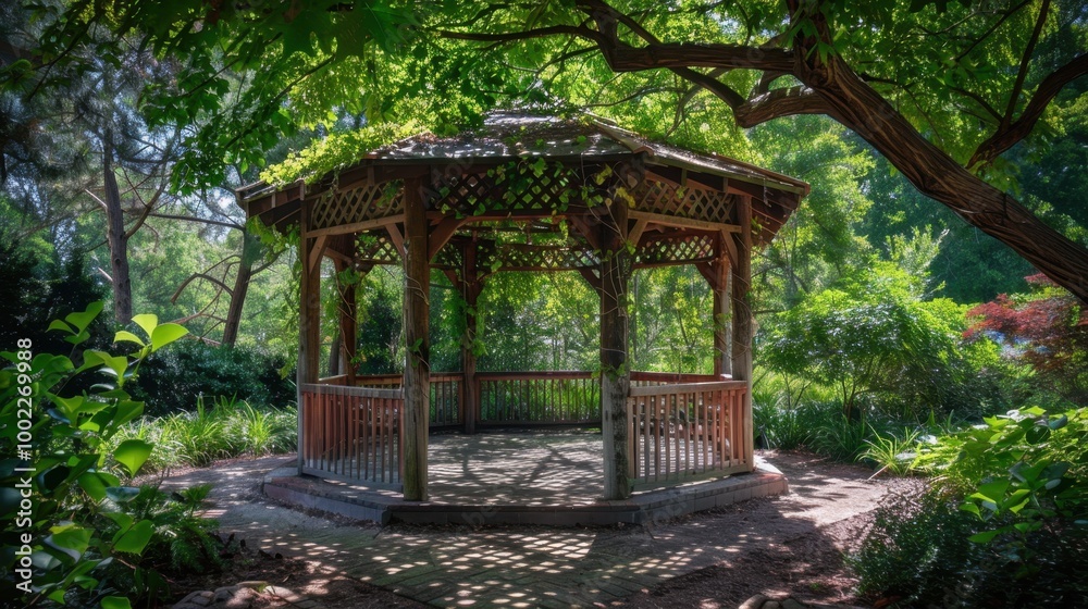 Naklejka premium Serene Gazebo Surrounded by Lush Garden Foliage