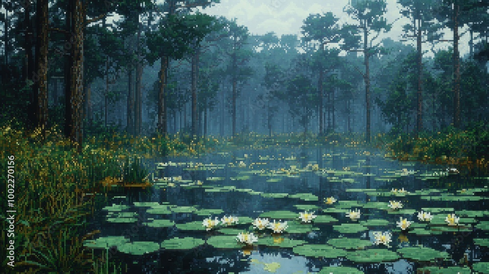 Serene Swamp Scene with Water Lilies and Trees Serene Swamp Scene with Water Lilies and Trees