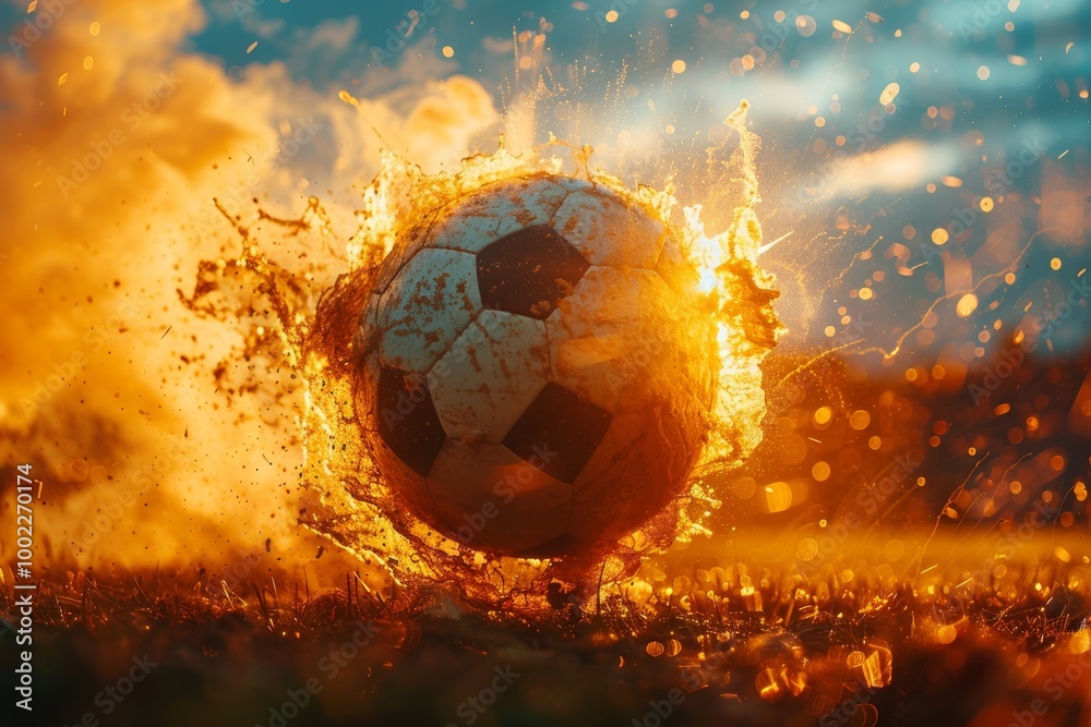 Fototapeta premium Soccer ball bursting with energy on field at dusk