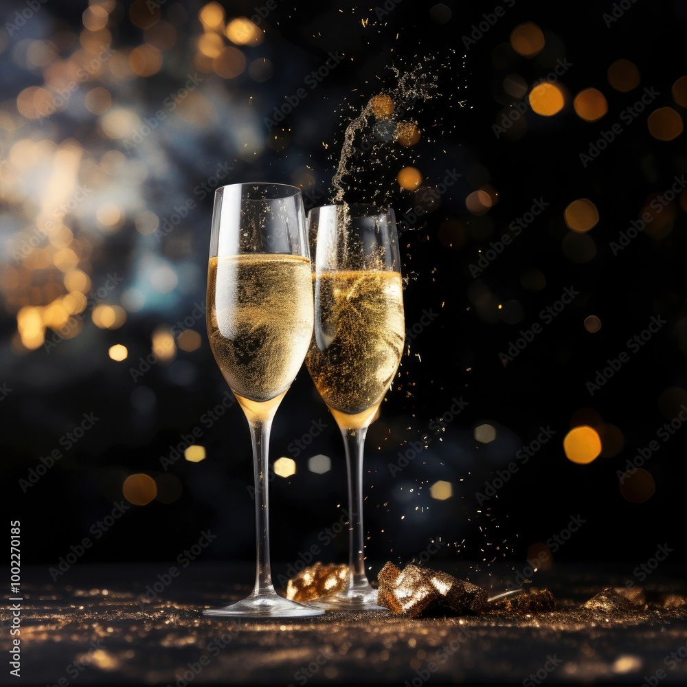 Celebration toast with champagne on dark and gold sparkle background Celebration toast with champagne on dark and gold sparkle background