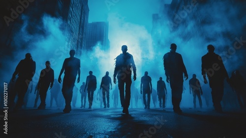 Dark silhouettes of people walking through a foggy urban street at night