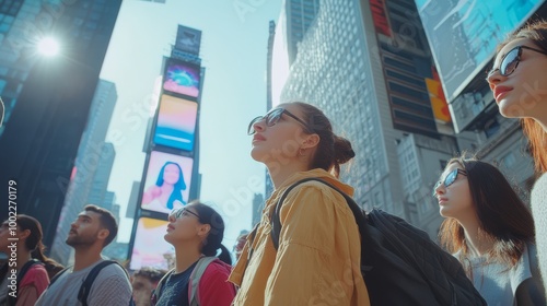A group of young people exploring Times Square, New York City, surrounded by tall buildings and bright digital billboards, on a sunny day.