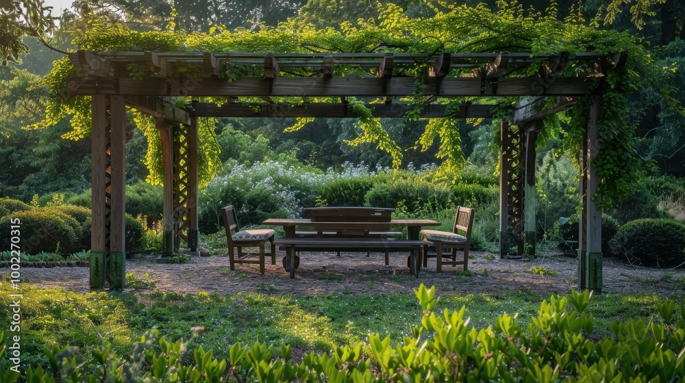 Obraz premium Peaceful Outdoor Pergola Wrapped in Green Vines