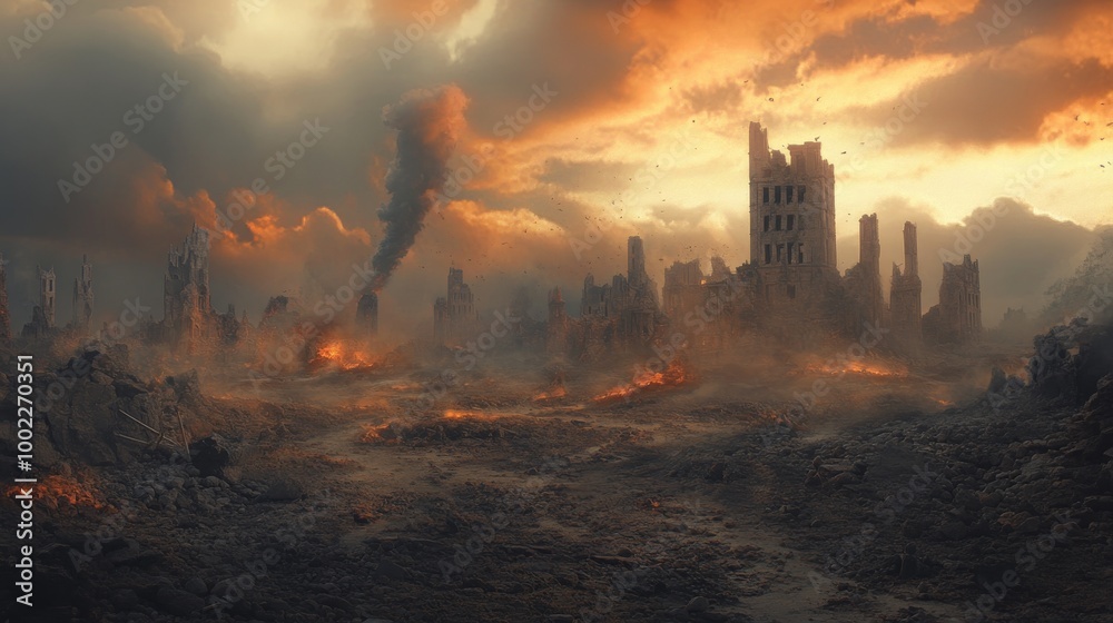 Obraz premium A city reduced to ruins on the battlefield, evoking feelings of desolation and loneliness. 