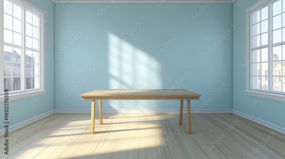 Mock up frame in a bare, open business office with natural wooden desk and pale blue walls, no additional furniture or decor, 3D render Mock up frame in a bare, open business office with natural wooden desk and pale blue walls, no additional furniture or decor, 3D render