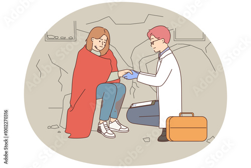 Male doctor help woman after natural disaster
