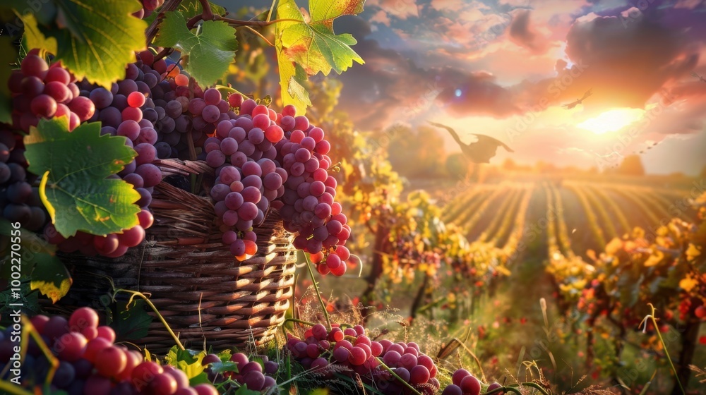 Fototapeta premium Vineyard Harvest Season with Full Baskets of Grapes