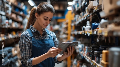 A Woman in a Hardware Store Using a Tablet to Check Inventory photo