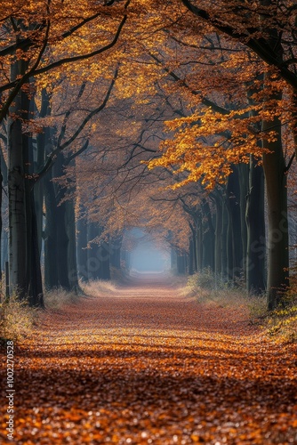 A serene walk through a sunlit forest path during autumn in the late afternoo...