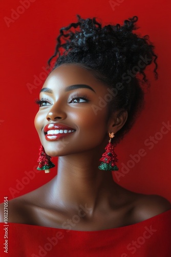 Woman with curly hair and Christmas earrings posing against a red background