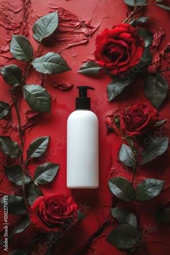 White spray bottle surrounded by red roses on a vibrant red background