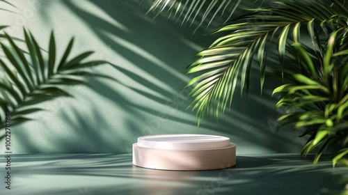 Wooden display platform surrounded by tropical foliage in a serene indoor set...