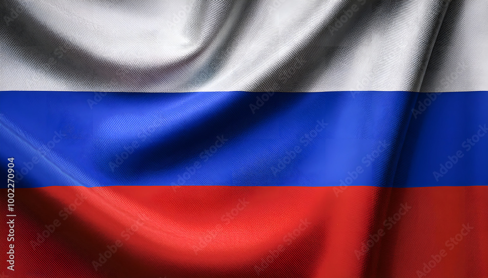 Naklejka premium Detailed image of the Russian flag with vibrant colors and dynamic folds. The fabric texture and lighting emphasize the national symbol, highlighting patriotism and national pride.