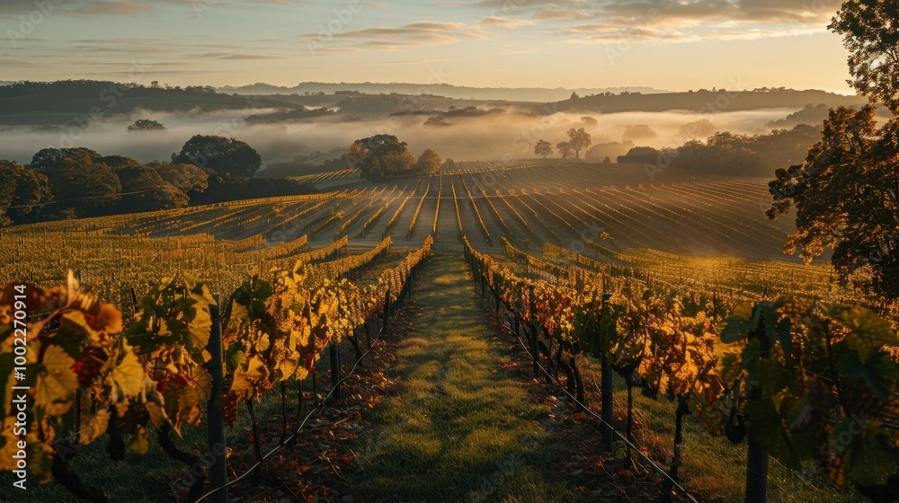 Fototapeta premium Misty Vineyard Landscape at Dawn