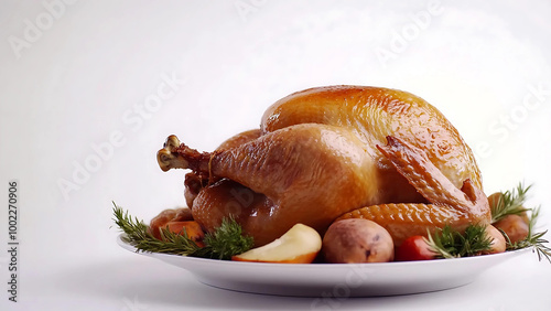 Full plate of Thanksgiving Roast Turkey in white background.