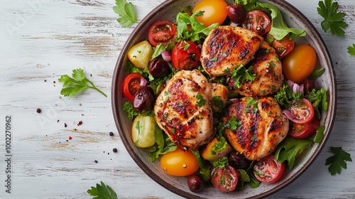 Grilled chicken salad with fresh vegetables on a wooden table