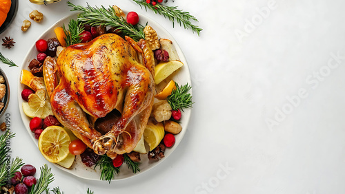 Full plate of Thanksgiving Roast Turkey in white background.