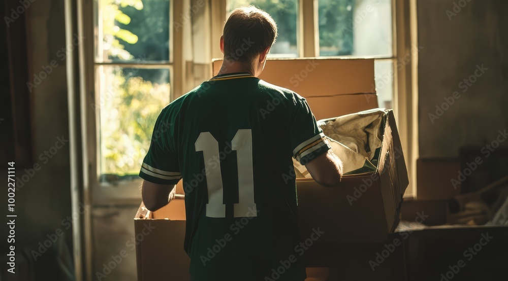 A person in a green sports jersey stands by a window, looking into a cardboard box in a dimly lit room, creating a nostalgic atmosphere. A person in a green sports jersey stands by a window, looking into a cardboard box in a dimly lit room, creating a nostalgic atmosphere.