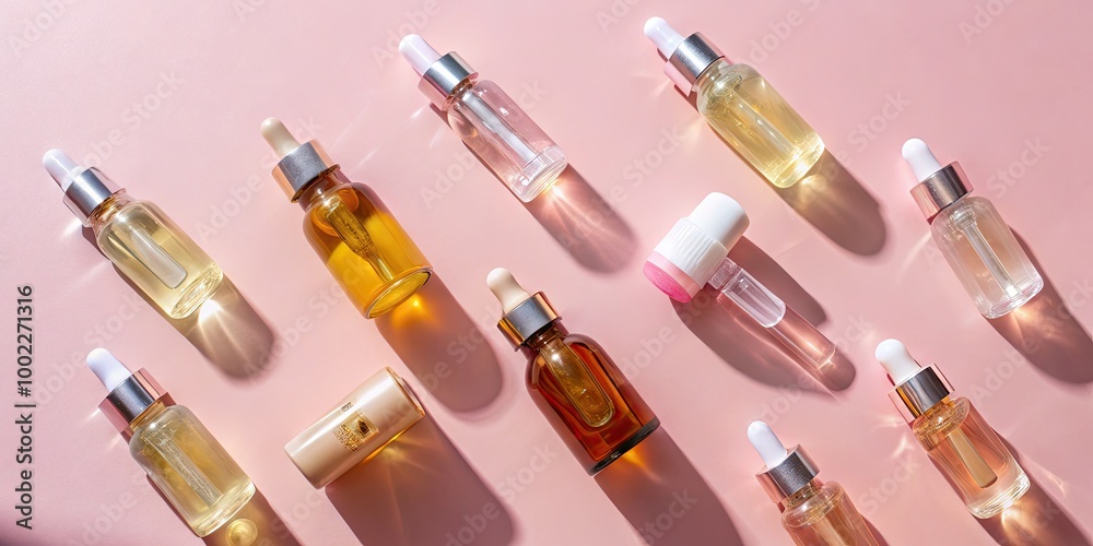 Assorted perfume bottles on a pink background.