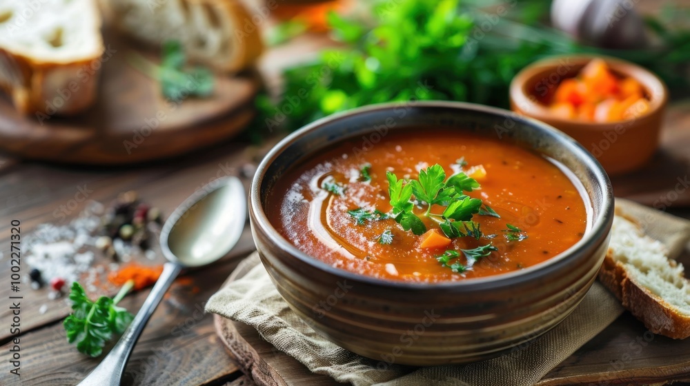 Warm Bowl of Homemade Soup on Rustic Table Warm Bowl of Homemade Soup on Rustic Table