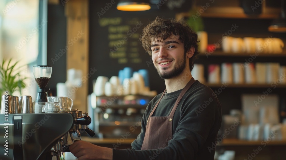 Smiling Barista Making Coffee at a Cafe Counter Smiling Barista Making Coffee at a Cafe Counter