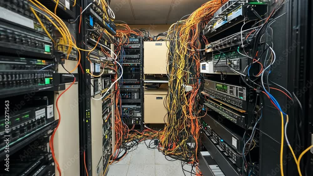 A messy server room with cables tangled and organized haphazardly