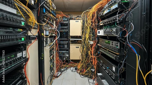 A messy server room with cables tangled and organized haphazardly