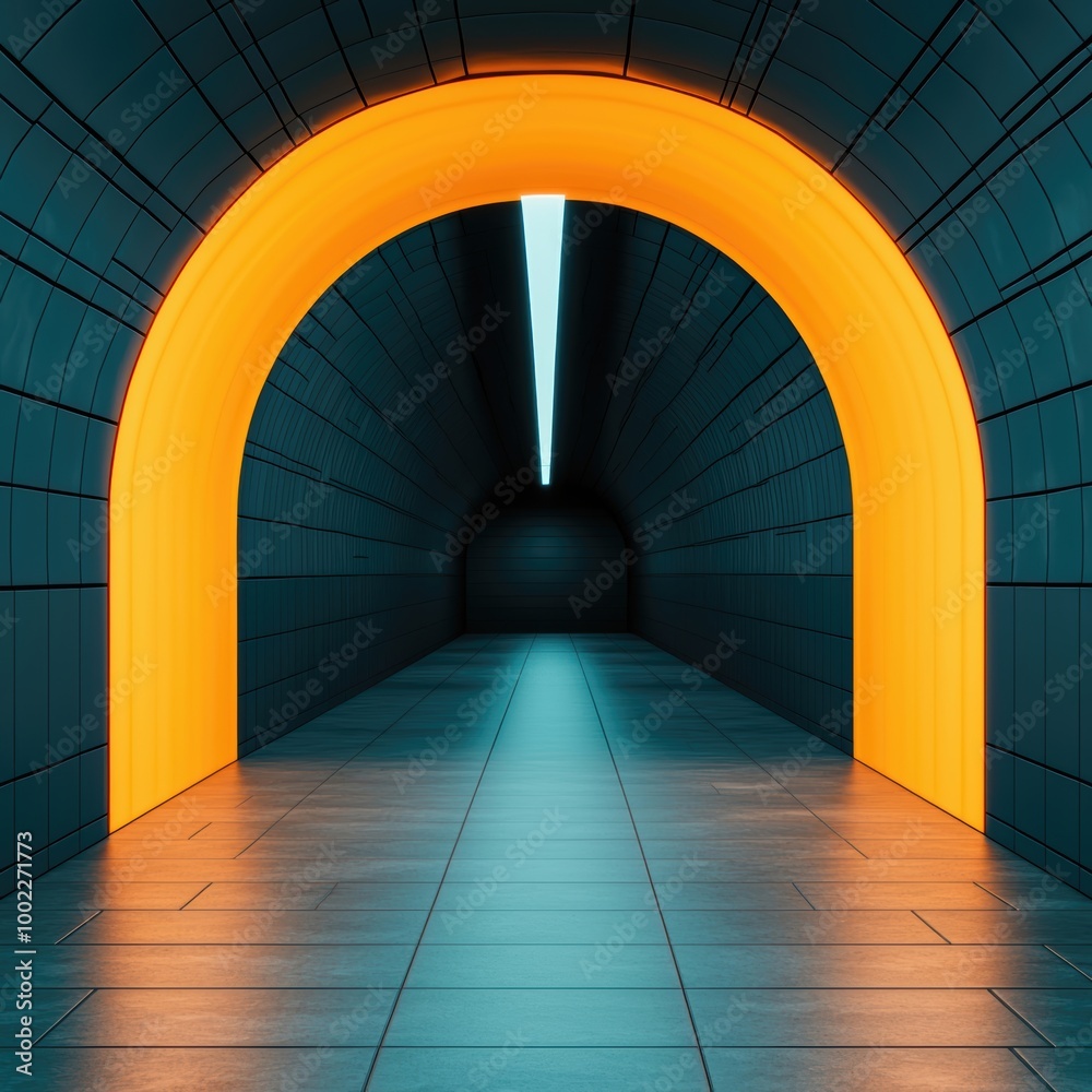 Obraz premium Vibrant Tunnel with Orange Archway and Blue Lighting