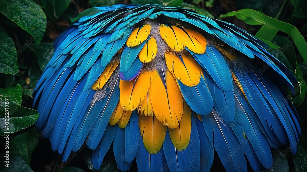 Fototapeta premium A close-up of a vibrant blue-and-yellow bird's feathers surrounded by green foliage against a radiant sunlit sky