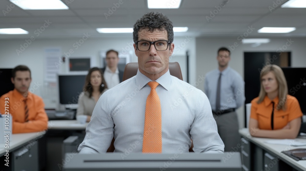 A man in orange tie sitting at a computer desk with other people behind him, AI