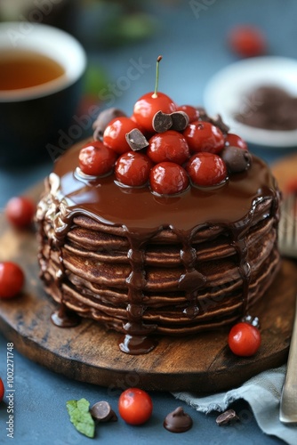 Delicious stack of chocolate pancakes topped with cherries and chocolate chips photo