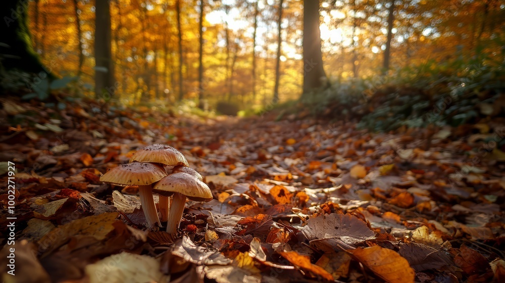 A serene autumn forest with mushrooms growing on a leaf-covered path, basking in the warm golden hour sunlight. A serene autumn forest with mushrooms growing on a leaf-covered path, basking in the warm golden hour sunlight.