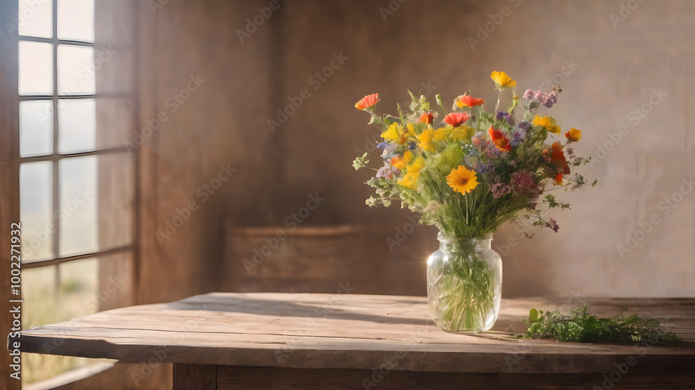 Flower bouquet in vase on wooden plunks with a nature landscape background . AI generated image, ai Flower bouquet in vase on wooden plunks with a nature landscape background . AI generated image, ai