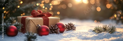 A beautifully wrapped gift box surrounded by festive decorations during a sno...