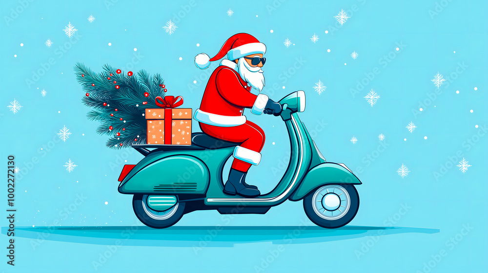 A creative Santa Claus deliveryman in a suit and helmet with a Christmas tree and gifts rushes on a motorcycle to wish Merry Christmas. A creative Santa Claus deliveryman in a suit and helmet with a Christmas tree and gifts rushes on a motorcycle to wish Merry Christmas.