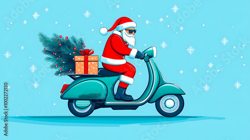 A creative Santa Claus deliveryman in a suit and helmet with a Christmas tree and gifts rushes on a motorcycle to wish Merry Christmas. photo