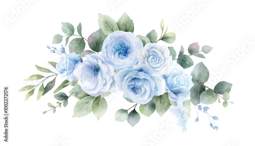Watercolor vector floral bouquet. Blue roses and greenery. Branches of eucalyptus. Perfect for wedding stationery, greetings, wallpapers, fashion, fabric, home decoration. Hand painted illustration.