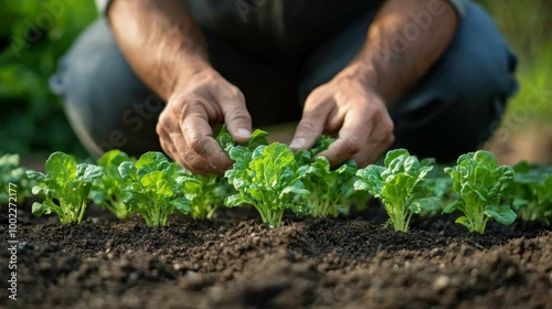 Hands tending to freshly planted lettuce in a vegetable garden during the aft...