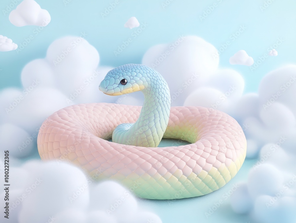 Fototapeta premium A vibrant pastel-colored snake gracefully coiled in soft pink clouds, creating a surreal and dreamlike fantasy setting.
