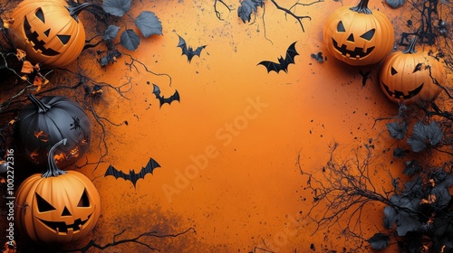 Colorful Halloween decorations featuring pumpkins and fall leaves on a vibran...