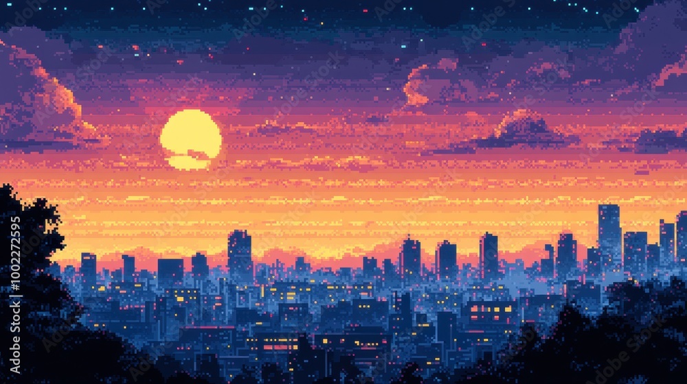 Obraz premium Minimalist City Skyline at Dusk in Pixel Art Style