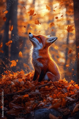 A red fox sits gracefully on a hill of autumn leaves beneath falling foliage ...
