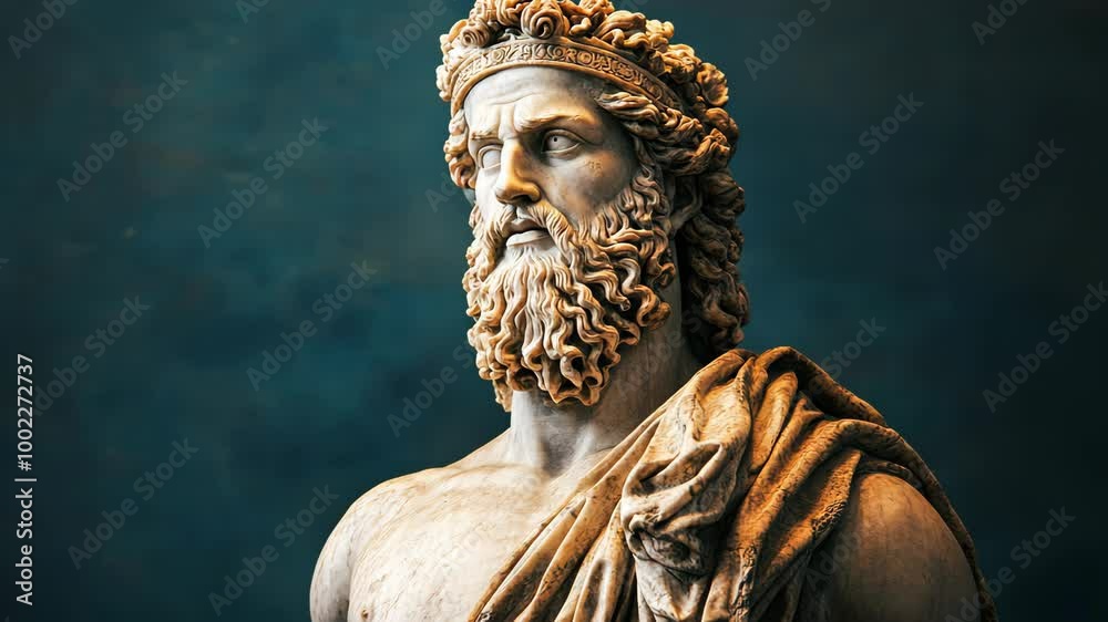 A marble statue of a Roman emperor, possibly Augustus Caesar, stands against a blue background A marble statue of a Roman emperor, possibly Augustus Caesar, stands against a blue background