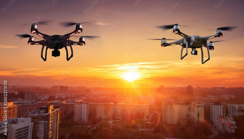 Two drone quad helicopters flying with high resolution digital camera illuminated with flash Two drone quad helicopters flying with high resolution digital camera illuminated with flash