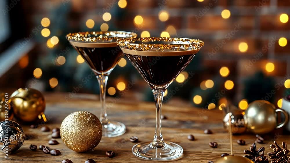 Two espresso martinis with gold rimmed glasses sit on a wooden table with scattered coffee beans and gold Christmas ornaments