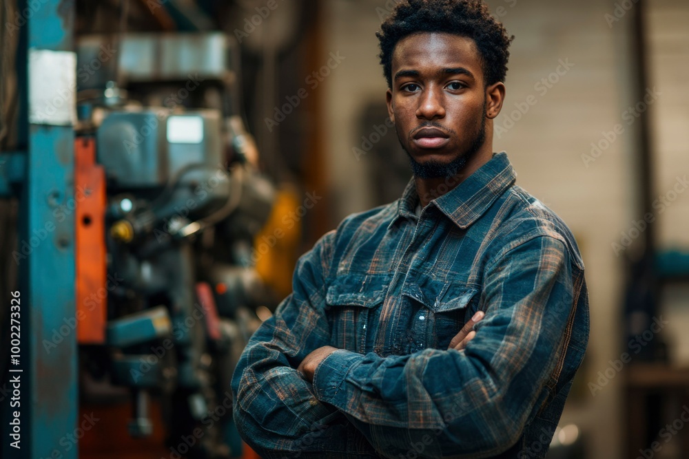 Obraz premium Portrait of a Young Black Man with Arms Crossed in a Workshop Setting